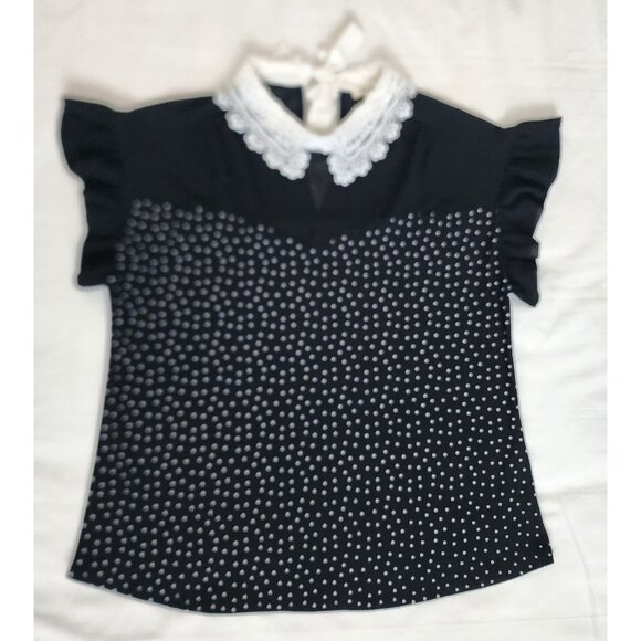 Faith And Joy Women's Black Polka Dot Eyelet Lace Collar Blouse Size Medium - Picture 4 of 12